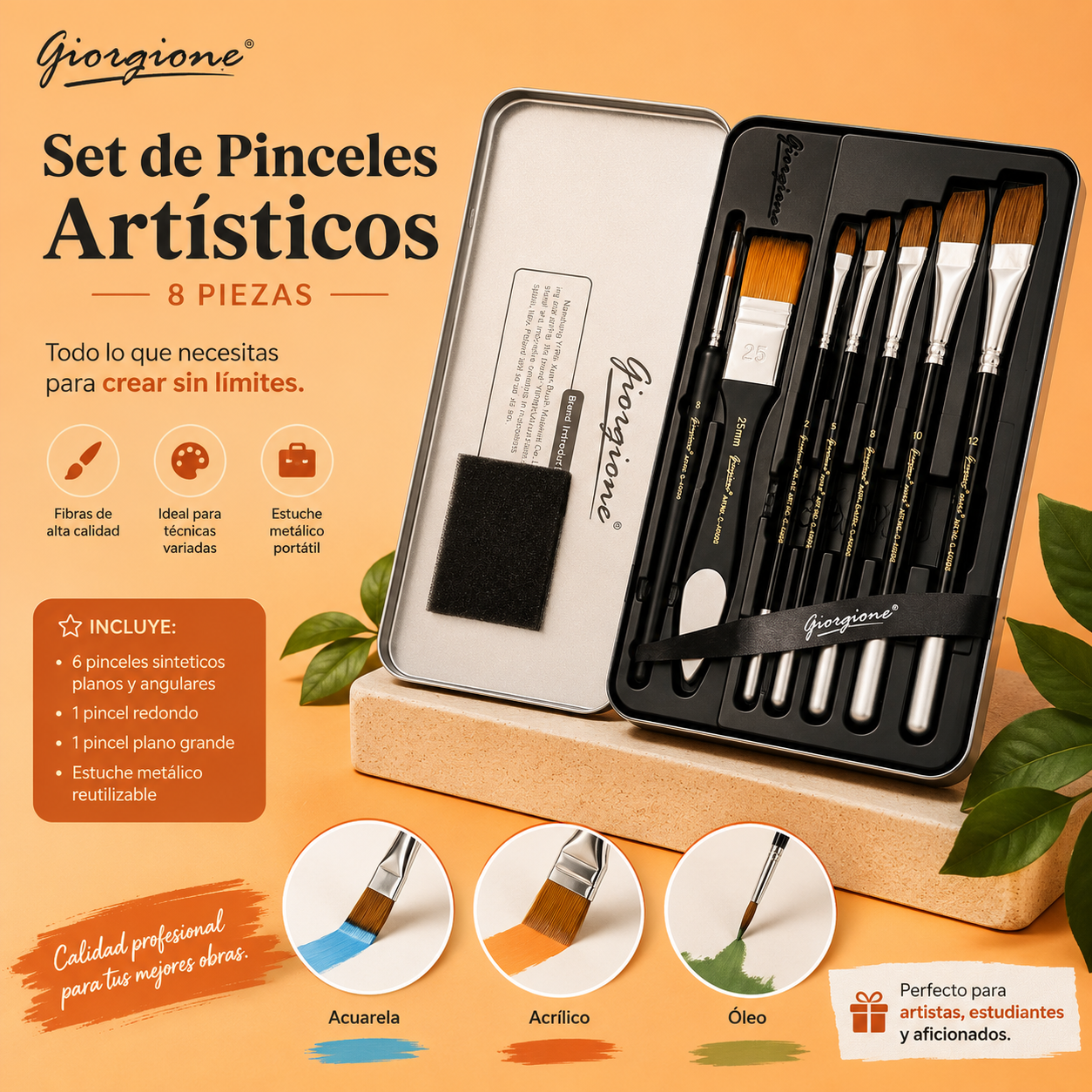 Giorgine Pinceles Artísticos 8 pzas Estuche Metálico